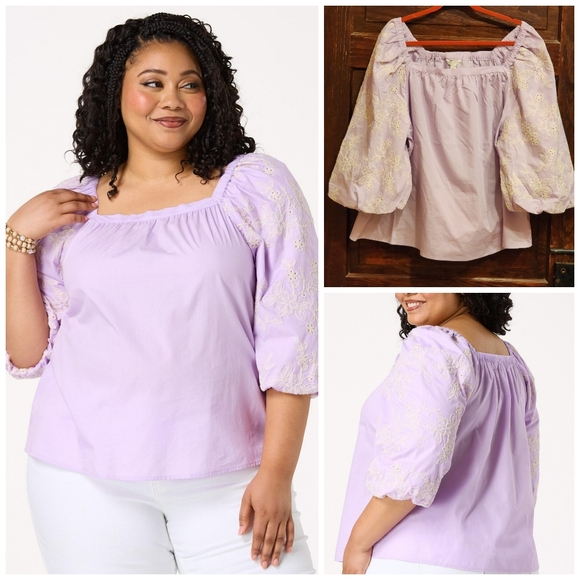 Eyelet Balloon Sleeve Top Shirt Blouse Lavender - Picture 2 of 9